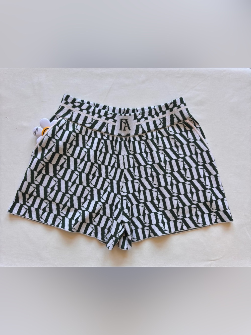 High-Waist Patterned Knit Bike Shorts - Dark Green & White